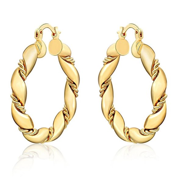 Stunning Rope Design 18k. Gold Over Sterling Silver 35mm Round Hoop Earrings - Picture 3 of 4
